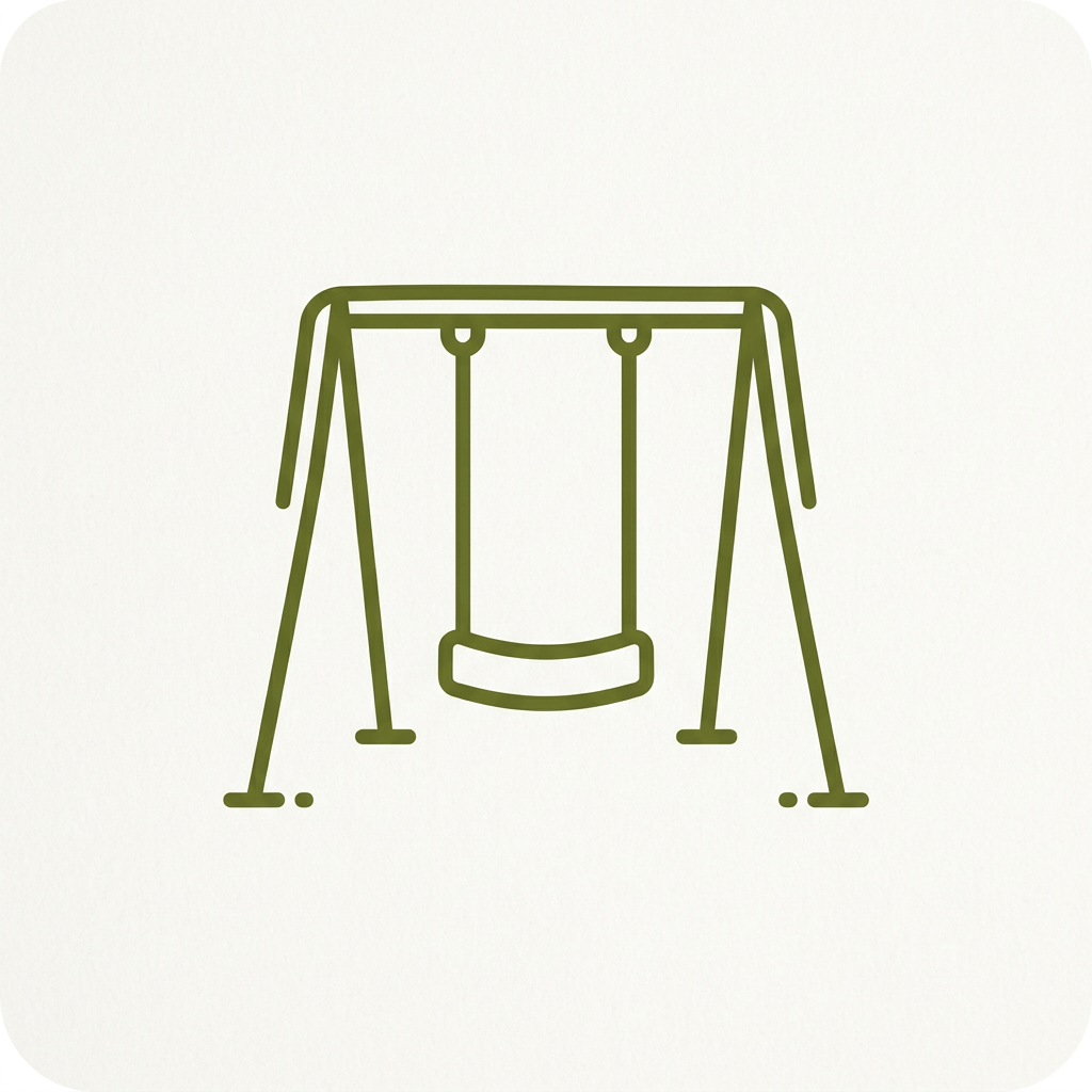Olive-green illustration of a swing set with one empty seat