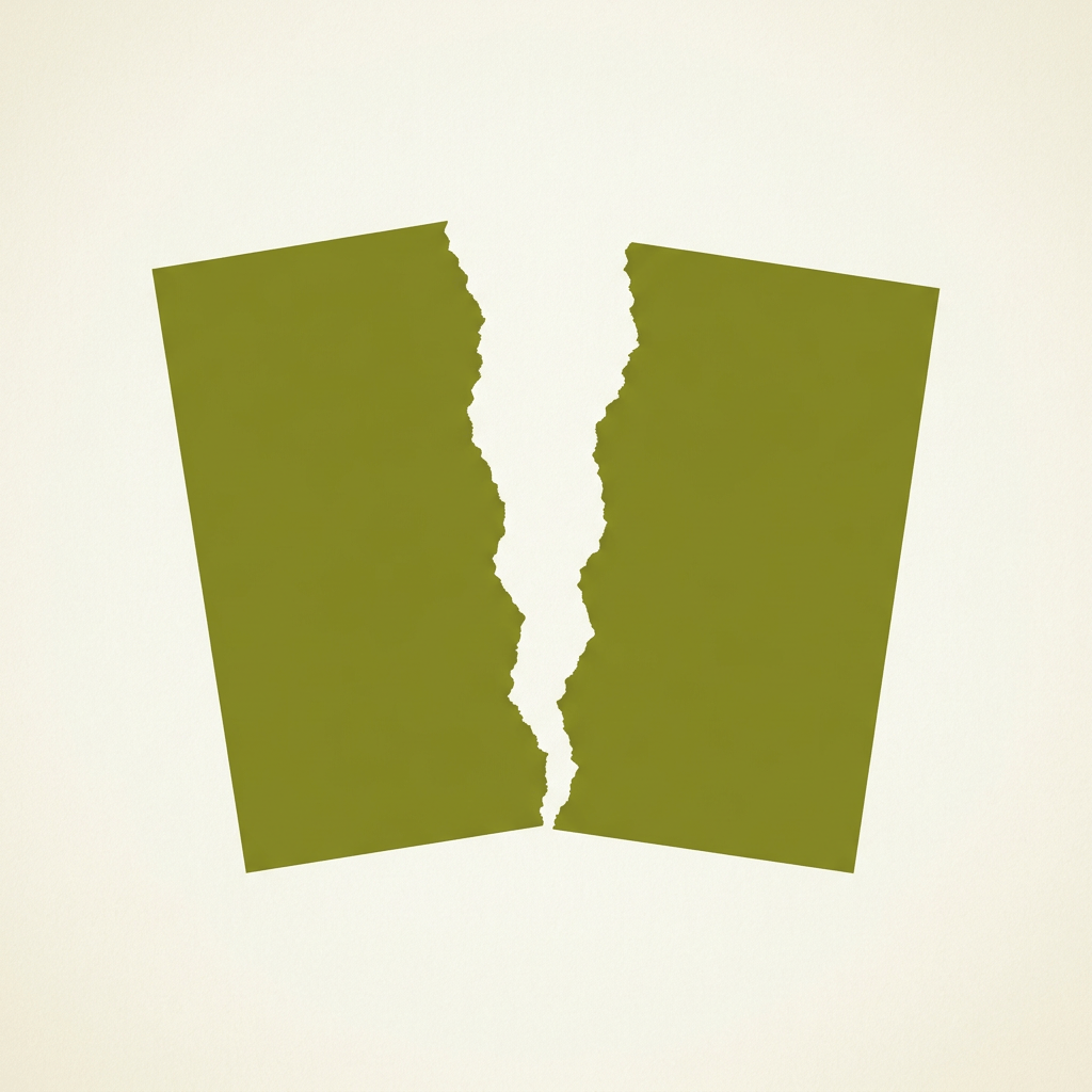 Two olive-green panels split apart by a jagged vertical tear