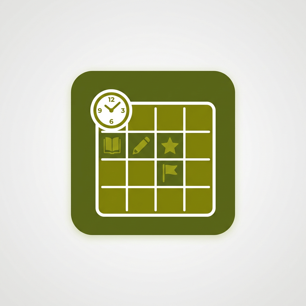 Green calendar icon with clock, book, pencil, star, and flag symbols