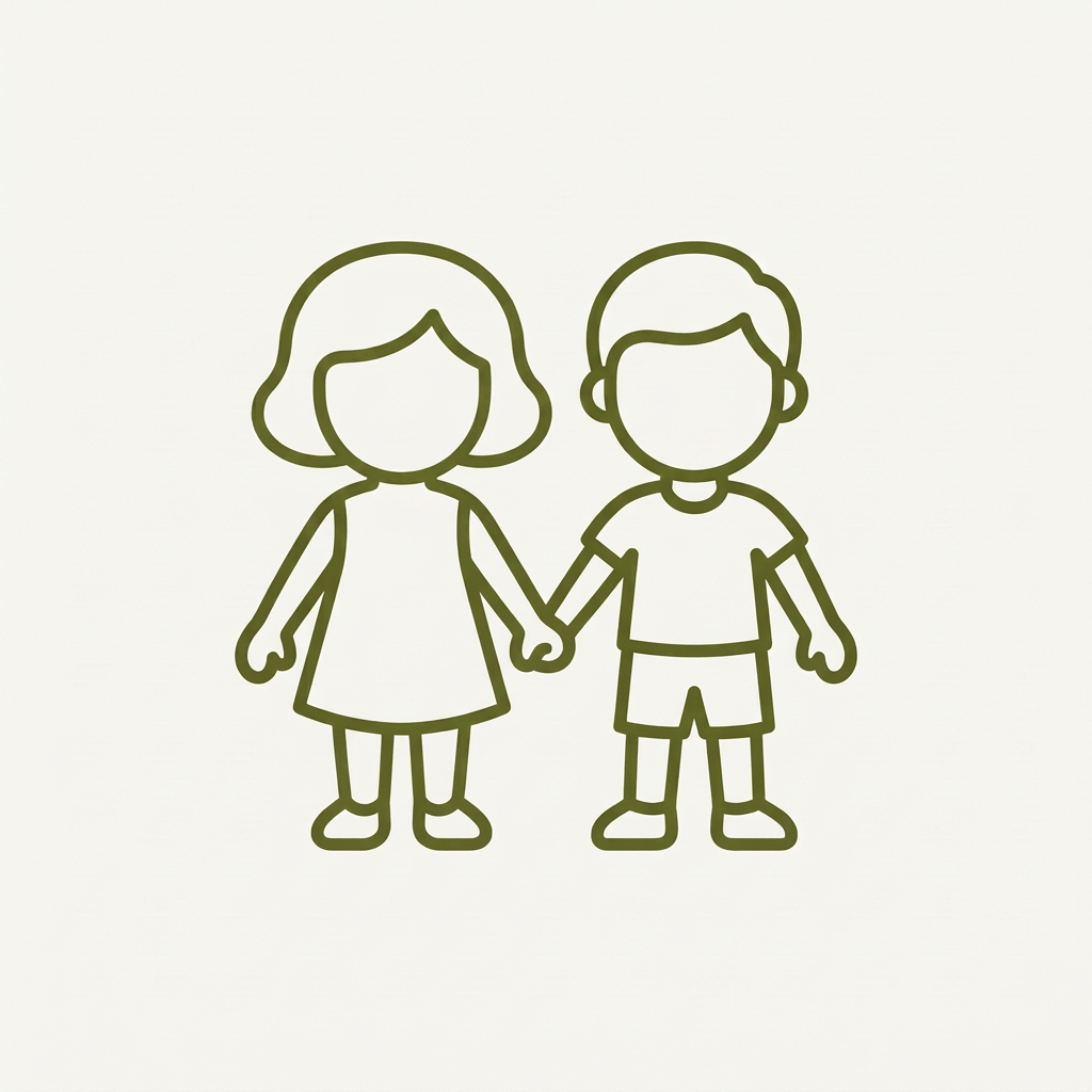 Smiling girl and boy holding hands in a simple line illustration